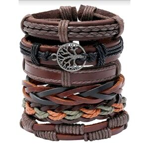 6Pc Mens Brown Leather Bracelet Set Tree of Life Braided Adjustable Boho Tribal